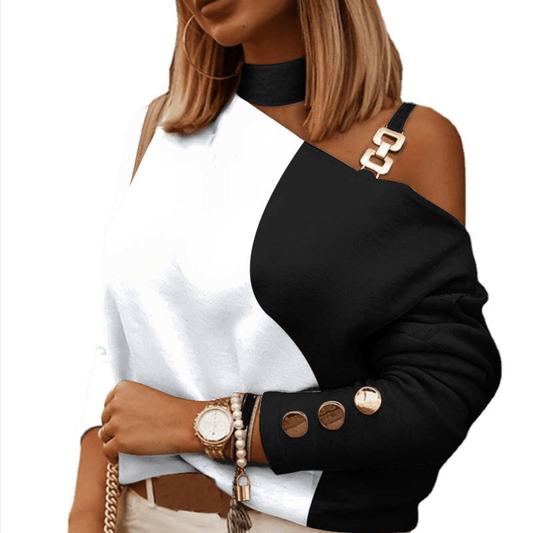 New Long Sleeved Women Casual Blouses Sexy Halter Neck Hollow Out Off Shoulder Top Pullover Autumn Streetwear Retro Print Shirt