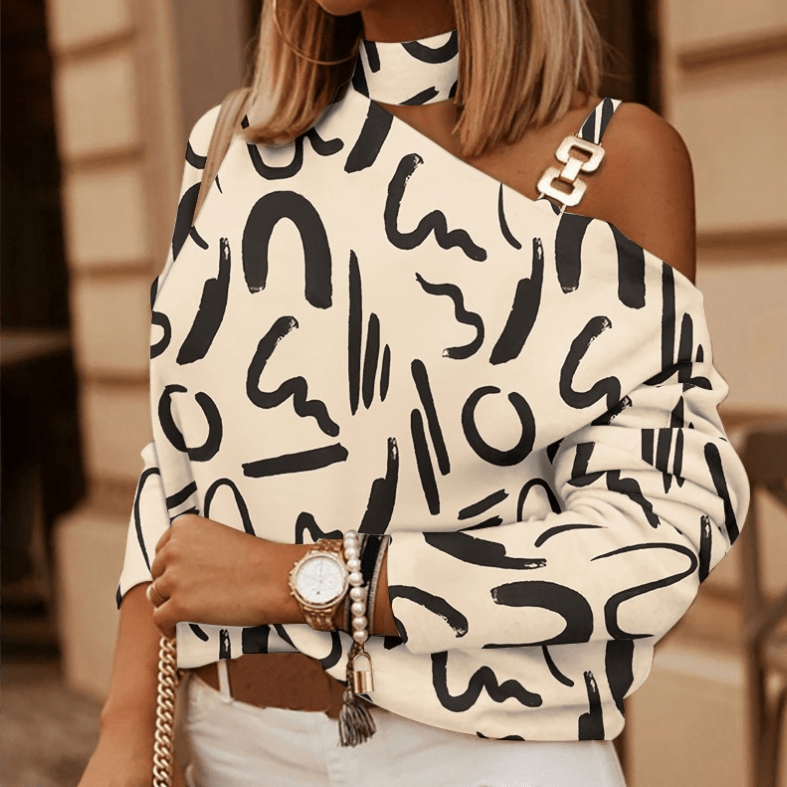 New Long Sleeved Women Casual Blouses Sexy Halter Neck Hollow Out Off Shoulder Top Pullover Autumn Streetwear Retro Print Shirt