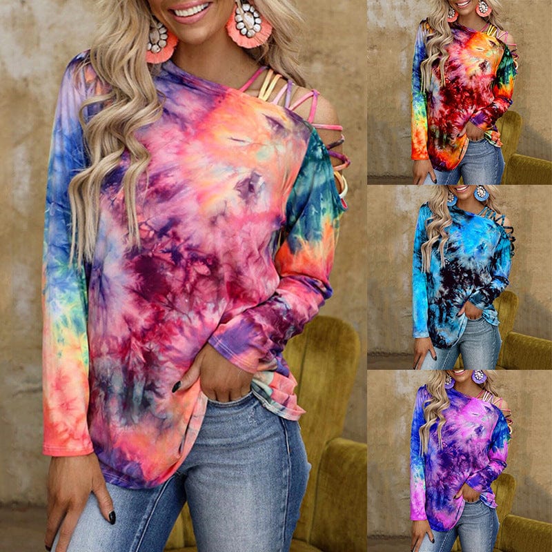 New Long T Shirt Long Sleeve Tie Dyeing T Shirt Fashion Personalized Printing Women 1 Piece High Waist Elastic Print Pattern