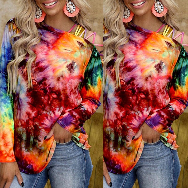 New Long T Shirt Long Sleeve Tie Dyeing T Shirt Fashion Personalized Printing Women 1 Piece High Waist Elastic Print Pattern