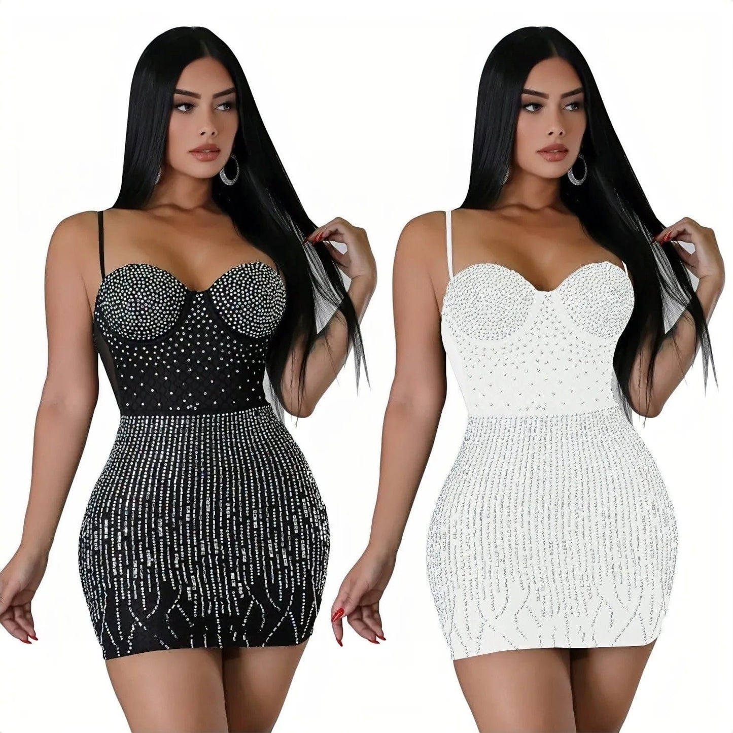 New Luxury Rhinestone Mini Dress Woman Sleeveless Mesh Patchwork Skinny Vestidos Female Summer Evening Party Dress