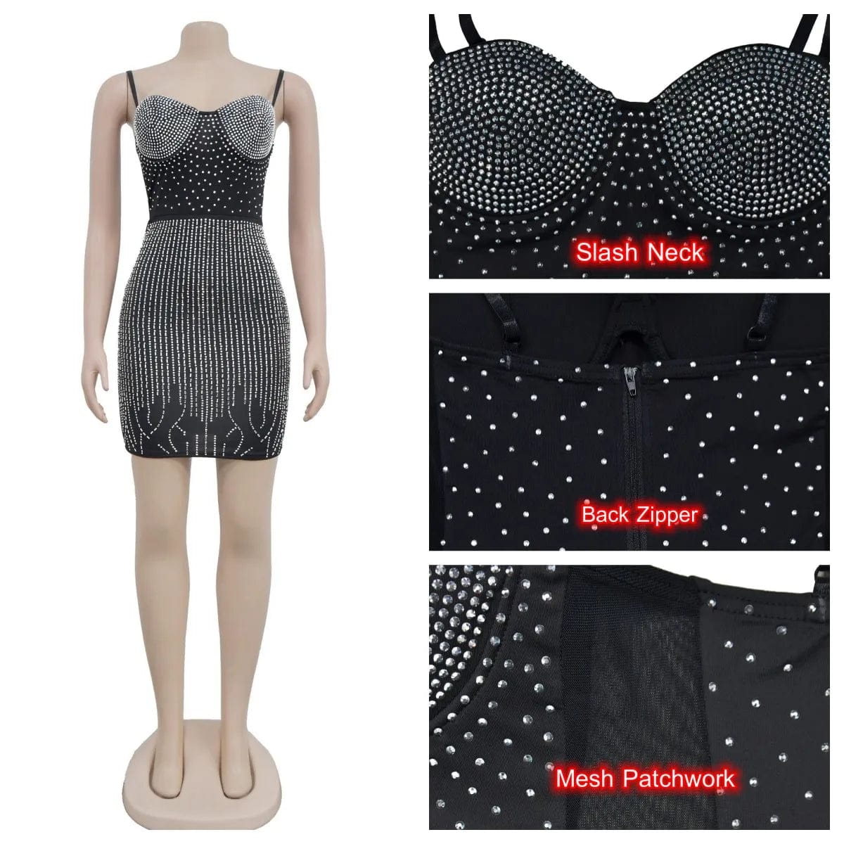 New Luxury Rhinestone Mini Dress Woman Sleeveless Mesh Patchwork Skinny Vestidos Female Summer Evening Party Dress