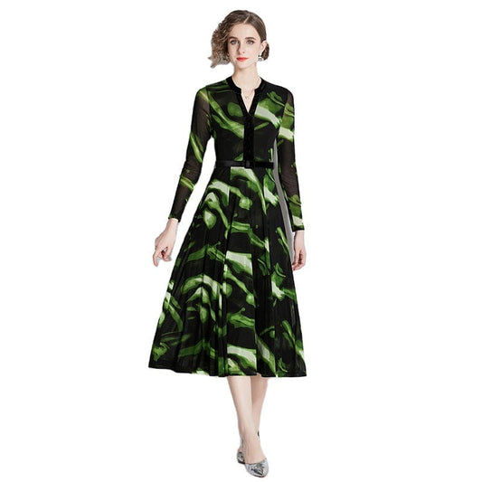 New mesh long sleeve dress retro color character v-collar temperament closed waist long skirt ZY8525078