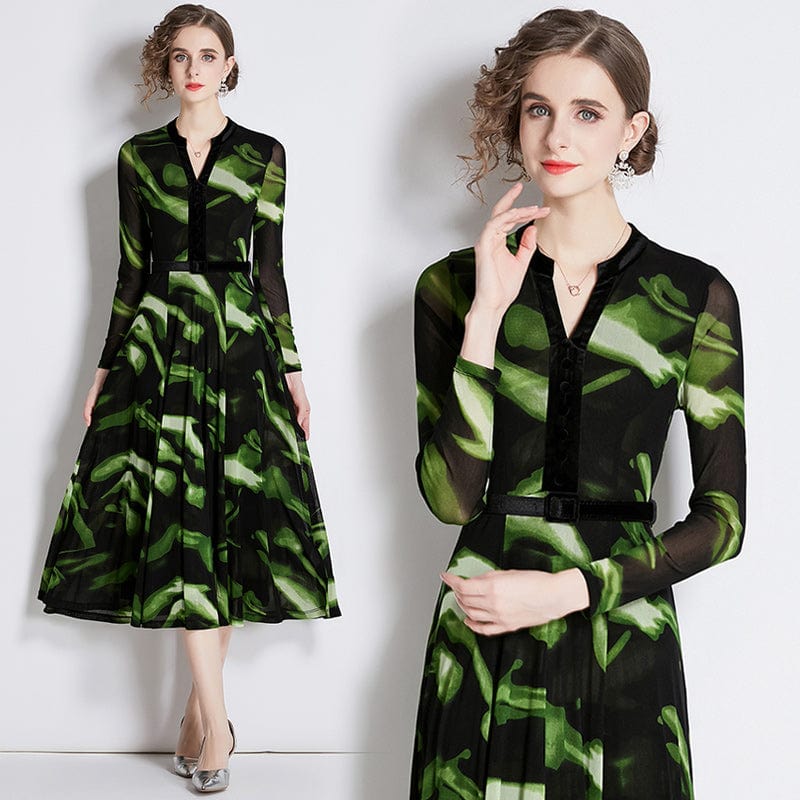 New mesh long sleeve dress retro color character v-collar temperament closed waist long skirt ZY8525078