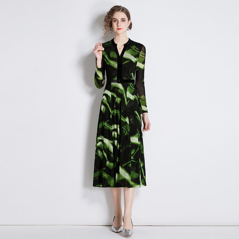 New mesh long sleeve dress retro color character v-collar temperament closed waist long skirt ZY8525078