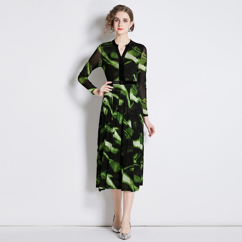 New mesh long sleeve dress retro color character v-collar temperament closed waist long skirt ZY8525078