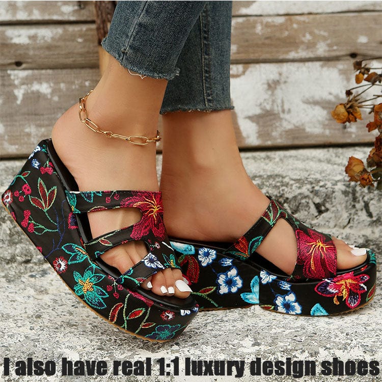 New Model Women's Fashion Summer Slope Heel Printed Sandals Large Size Ladies Thick Bottom Beach Slippers