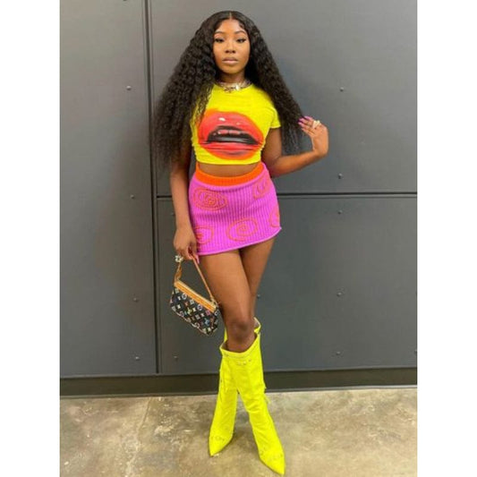 New Modern Mouth Printed Short Sleeve T-shirt Mini Skirt Suit 2023 Summer New Sexy Women Two Piece Skirt Set