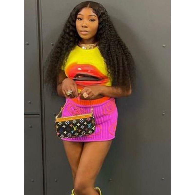 New Modern Mouth Printed Short Sleeve T-shirt Mini Skirt Suit 2023 Summer New Sexy Women Two Piece Skirt Set