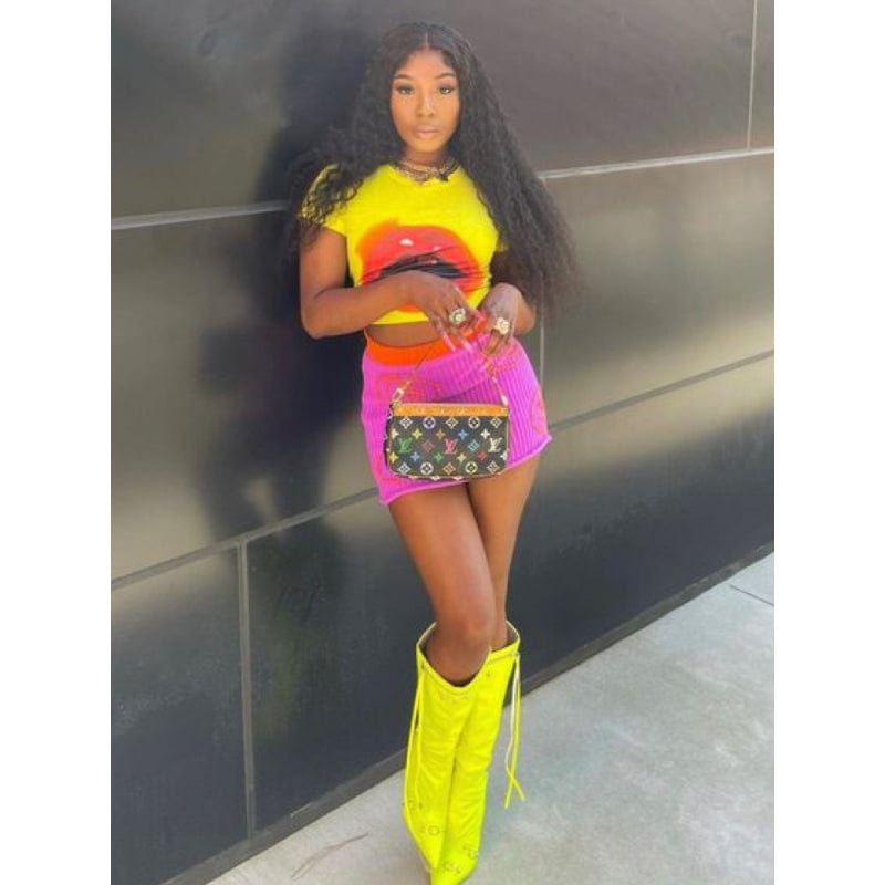 New Modern Mouth Printed Short Sleeve T-shirt Mini Skirt Suit 2023 Summer New Sexy Women Two Piece Skirt Set