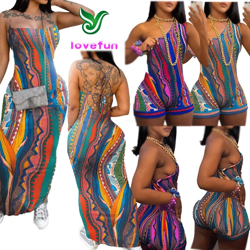 New Multicolor Rompers Women Jumpsuit 2023 All Over Print Rompers Women Jumpsuit Sexy One Shoulder Casual Dresses