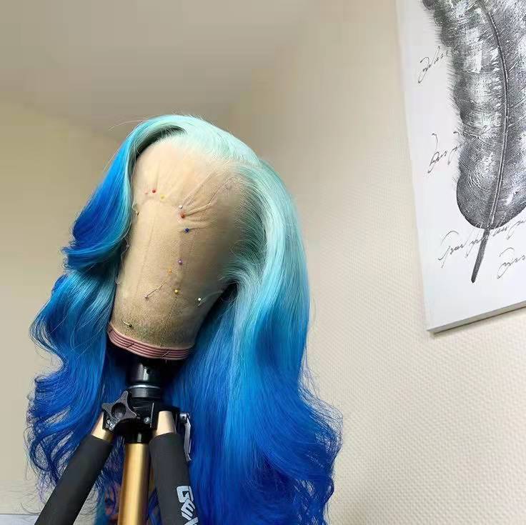 New Ombre Pink Blue Colour Brazilian Virgin Cuticle Aligned Human Hair Transparent Lace Front Wigs