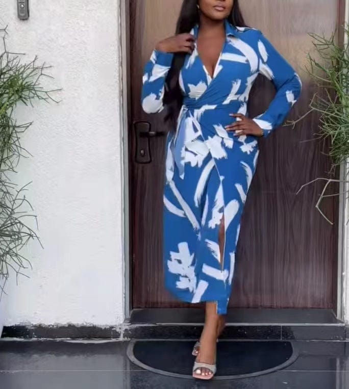 New One-Piece Fashionable Printing Cross Tie V-Neck Mid Waist Temperament Commuter Dress Office Wear Elegant Dresses