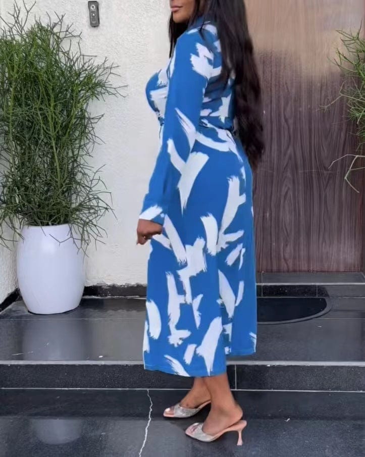 New One-Piece Fashionable Printing Cross Tie V-Neck Mid Waist Temperament Commuter Dress Office Wear Elegant Dresses