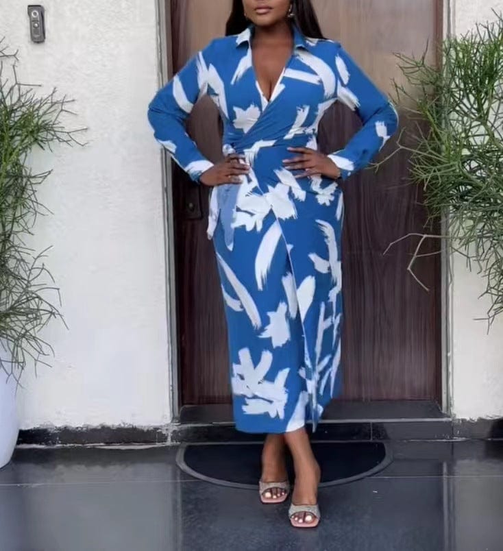 New One-Piece Fashionable Printing Cross Tie V-Neck Mid Waist Temperament Commuter Dress Office Wear Elegant Dresses