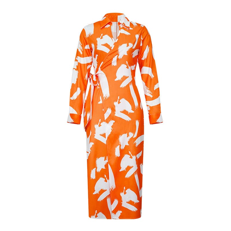 New One-Piece Fashionable Printing Cross Tie V-Neck Mid Waist Temperament Commuter Dress Office Wear Elegant Dresses