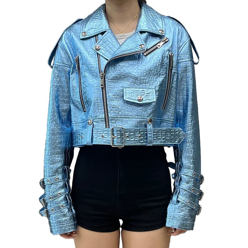 New Oversized Genuine Leather Jacket Women Shiny Croc Pattern Leather Moto Biker Jacket