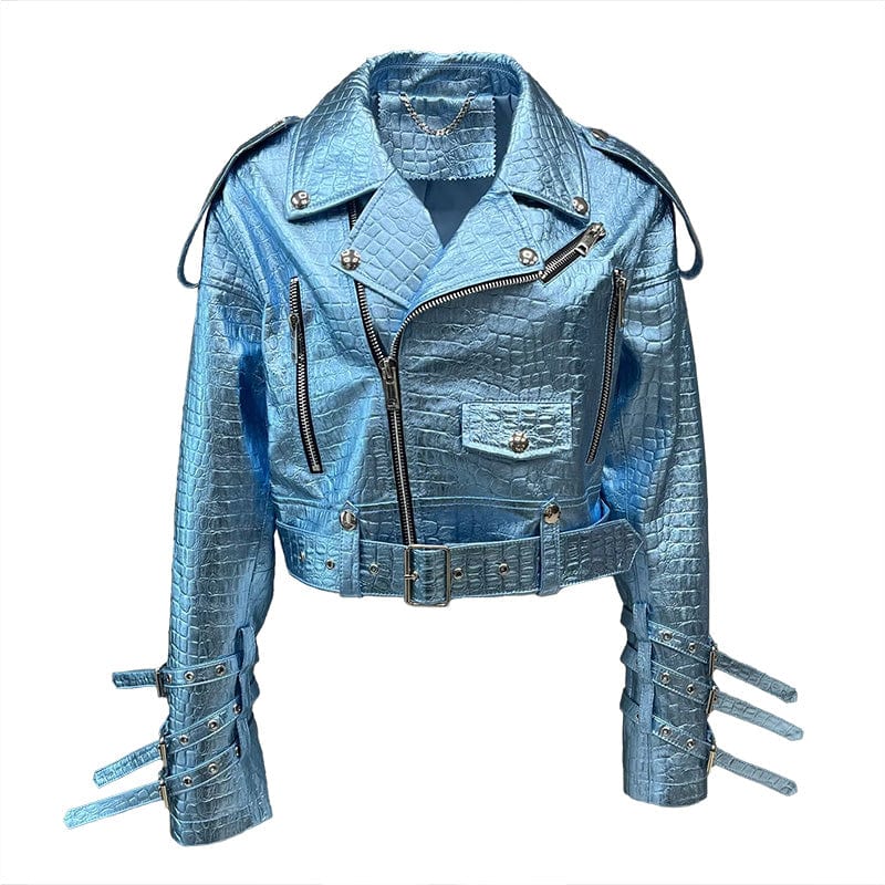 New Oversized Genuine Leather Jacket Women Shiny Croc Pattern Leather Moto Biker Jacket