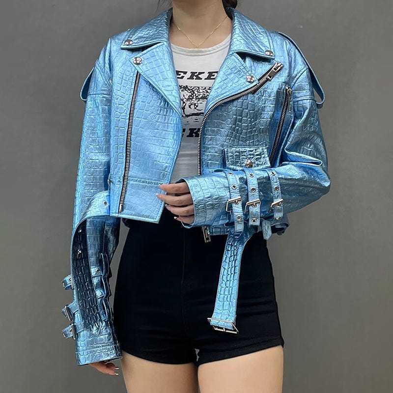 New Oversized Genuine Leather Jacket Women Shiny Croc Pattern Leather Moto Biker Jacket