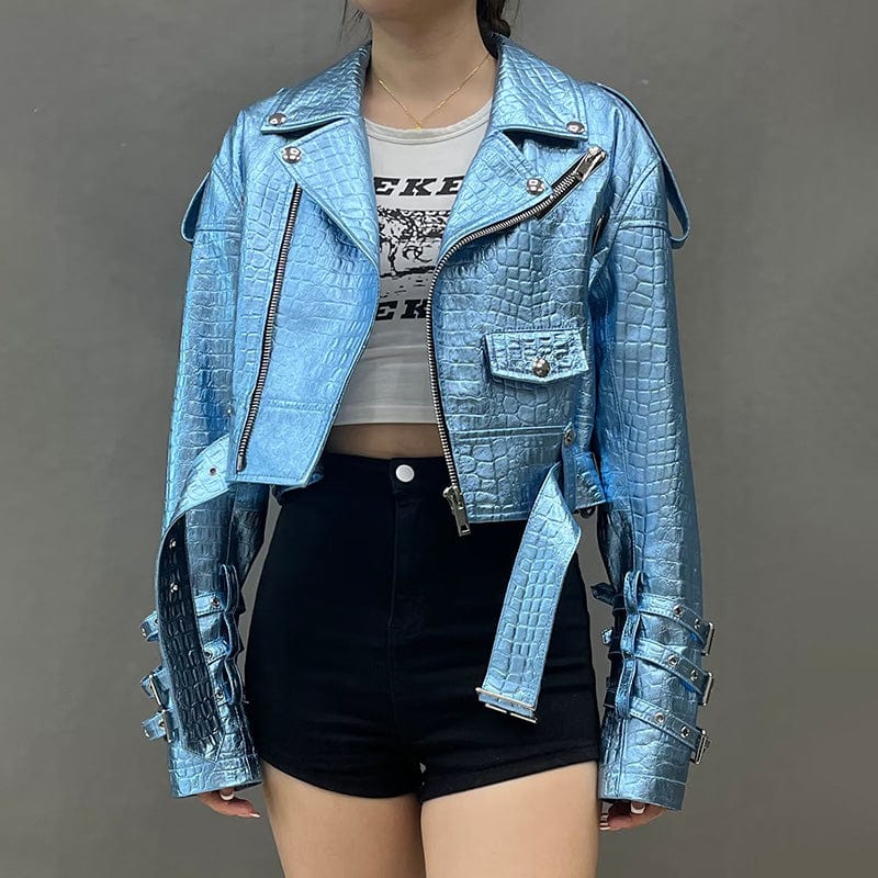 New Oversized Genuine Leather Jacket Women Shiny Croc Pattern Leather Moto Biker Jacket