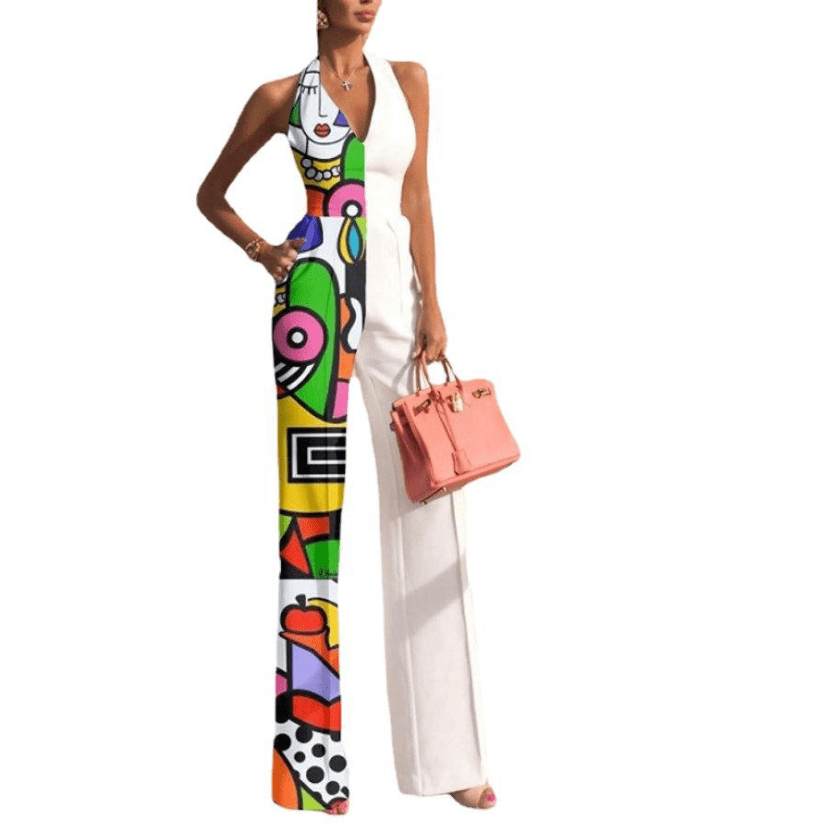New Pattern Patchwork Office Overalls Playsuit Women V-neck Sleeveless Hanging Neck Jumpsuits Elegant Wide Leg Pants Rompers
