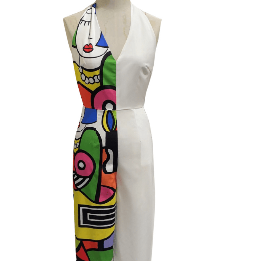 New Pattern Patchwork Office Overalls Playsuit Women V-neck Sleeveless Hanging Neck Jumpsuits Elegant Wide Leg Pants Rompers