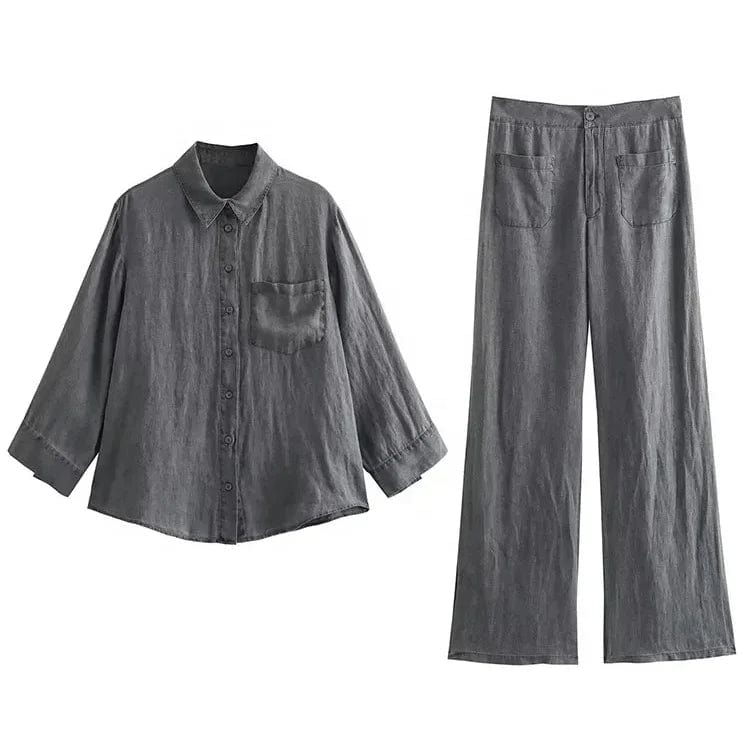 New Pocket Decoration Long sleeved Linen Shirt Thin Mid Waist Pants Set for Women