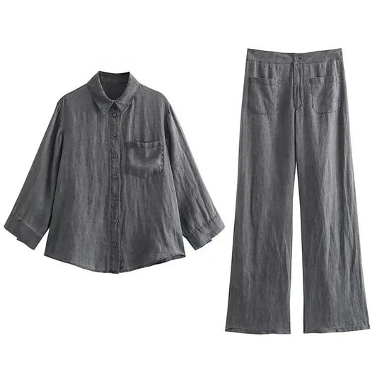 New Pocket Decoration Long sleeved Linen Shirt Thin Mid Waist Pants Set for Women