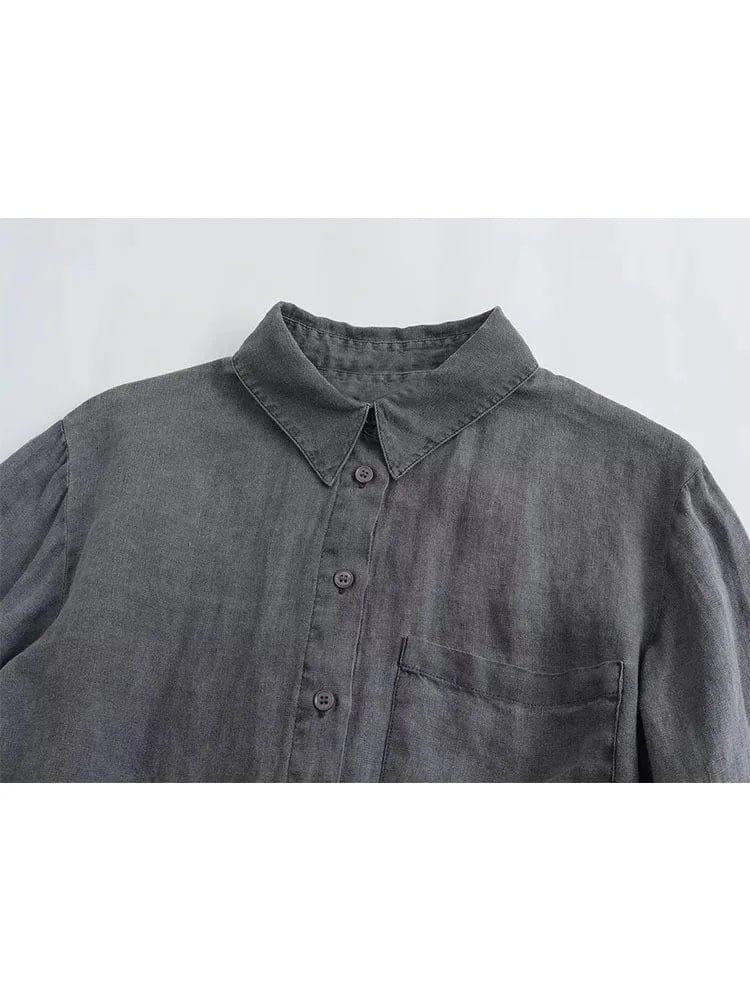 New Pocket Decoration Long sleeved Linen Shirt Thin Mid Waist Pants Set for Women