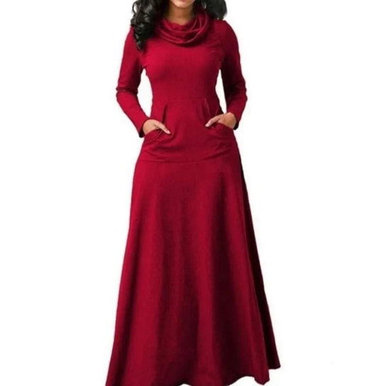 New Popular Autumn Winter Fashion Casual Pocket Large Size Long Sleeve Solid Color Long Dress 2023