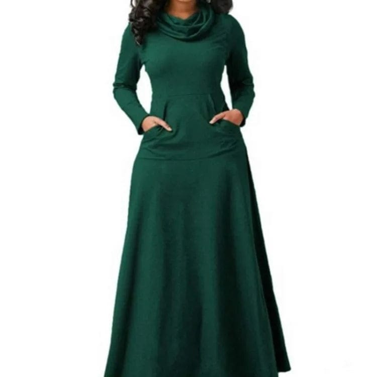 New Popular Autumn Winter Fashion Casual Pocket Large Size Long Sleeve Solid Color Long Dress 2023