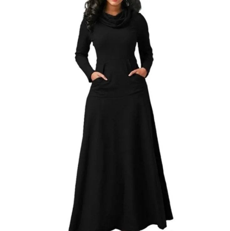 New Popular Autumn Winter Fashion Casual Pocket Large Size Long Sleeve Solid Color Long Dress 2023