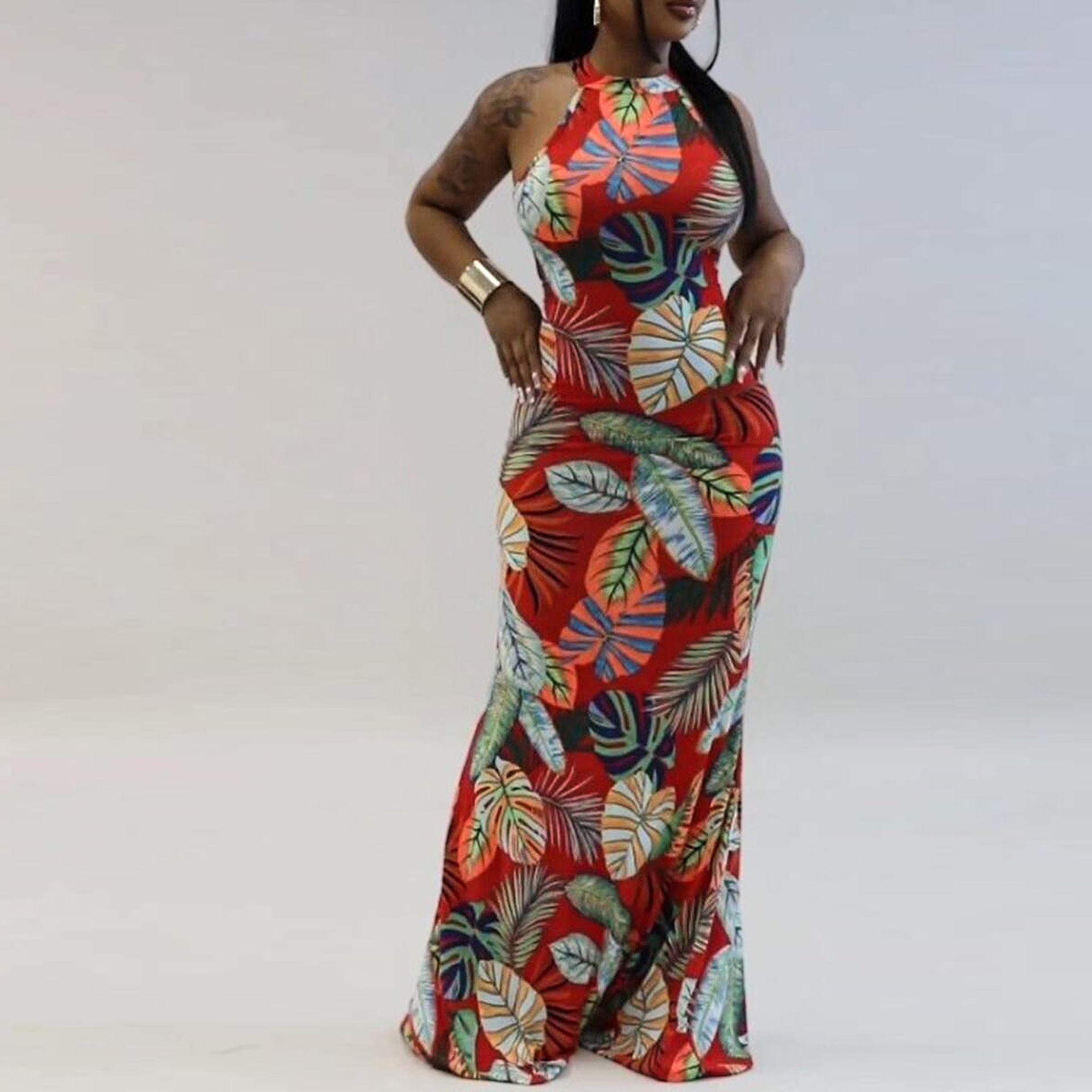 New print sexy temperament elegant sleeveless round neck tight wrap buttock long skirt mopping dress flower girls' dresses