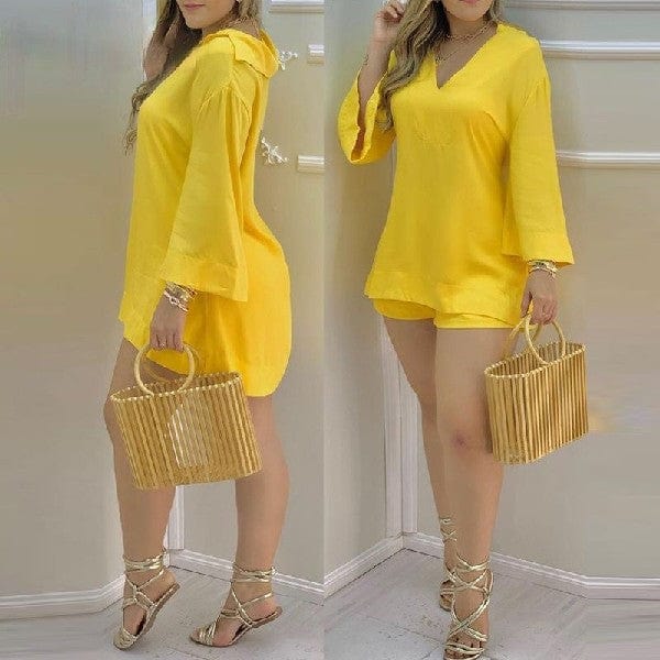 new product 2022 popular best selling Solid color Flared Sleeve V-Neck Top and Pants Fashion Women's Set