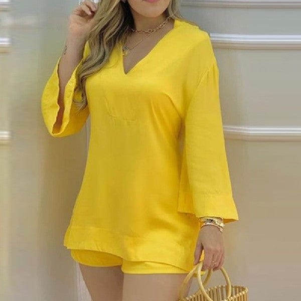 new product 2022 popular best selling Solid color Flared Sleeve V-Neck Top and Pants Fashion Women's Set