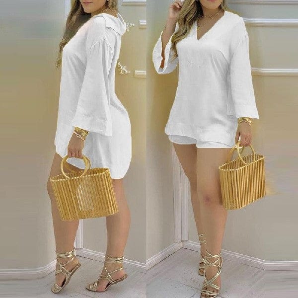 new product 2022 popular best selling Solid color Flared Sleeve V-Neck Top and Pants Fashion Women's Set