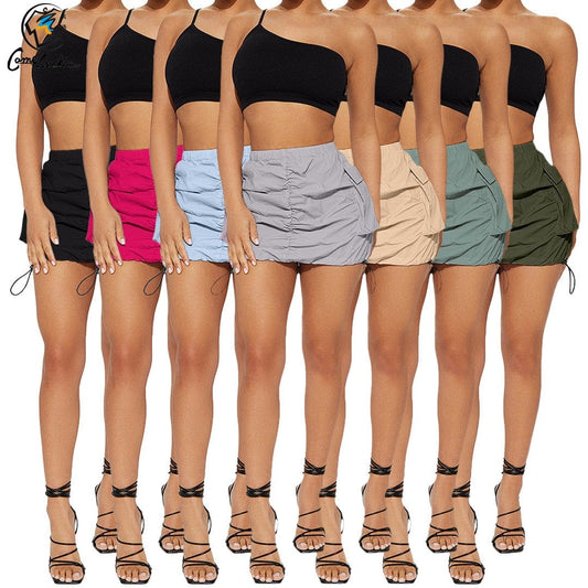 New product High Quality Pleated Drawstring Mini Skirt Summer Solid Color Elastic Waist Pockets Cargo Skirt For Women