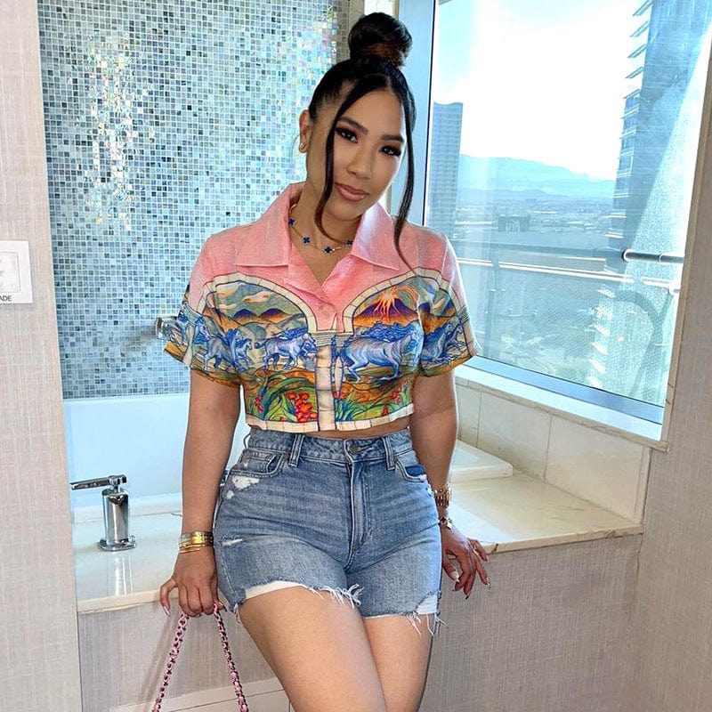 New Product Ideas 2023 Turn down Collar T-shirts Women Printed Polo Shirt Summer Vacation Beach Crop Tops