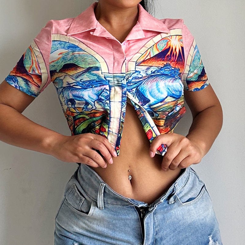 New Product Ideas 2023 Turn down Collar T-shirts Women Printed Polo Shirt Summer Vacation Beach Crop Tops
