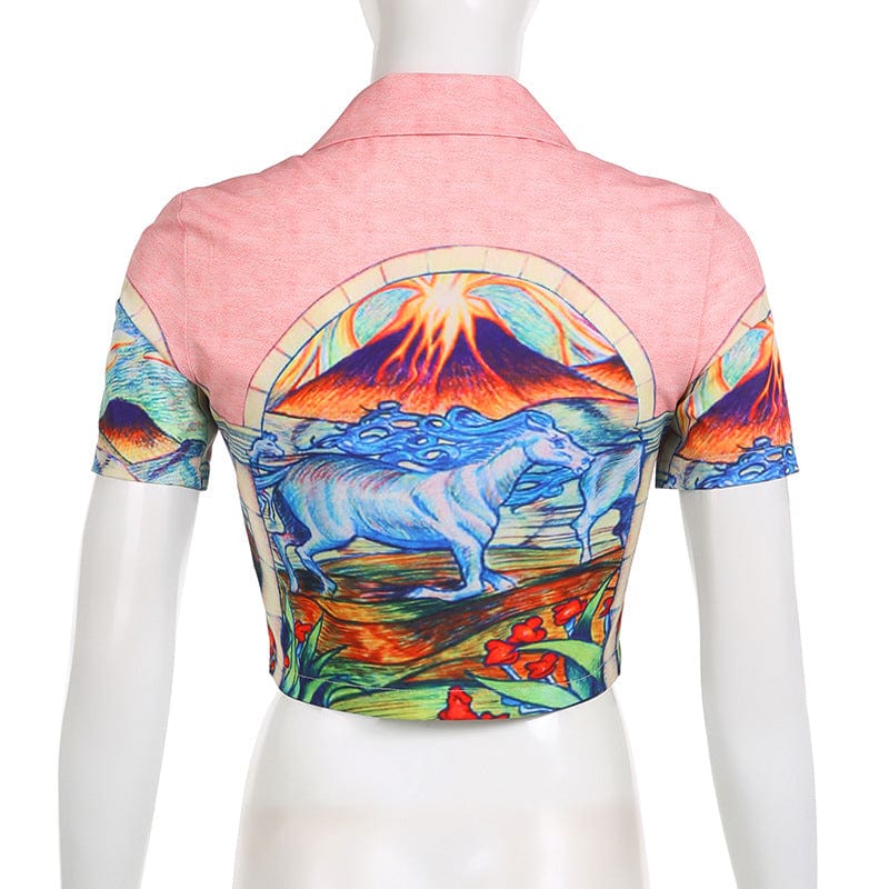 New Product Ideas 2023 Turn down Collar T-shirts Women Printed Polo Shirt Summer Vacation Beach Crop Tops