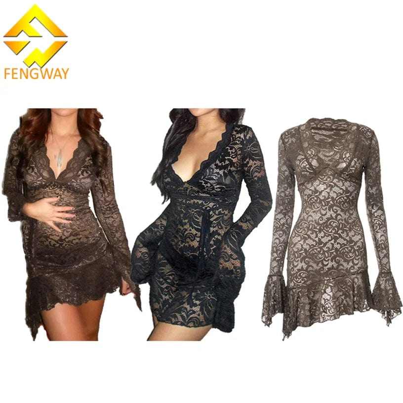 New Product Ideas 2024 See Through Bodycon Dress Flare Sleeve V Neck Dress Nightclub Sexy Lace Party Dresses