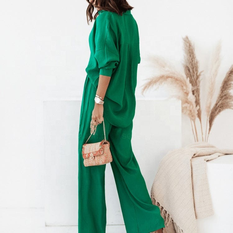 New product set loose solid color long sleeved shirt casual lace up fashion wholesale two-piece set