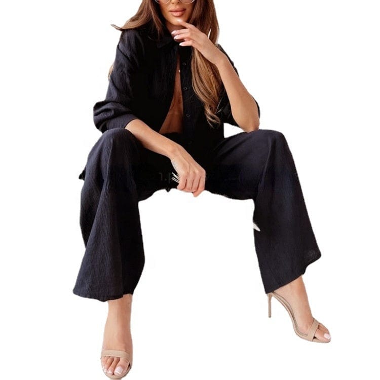 New product set loose solid color long sleeved shirt casual lace up fashion wholesale two-piece set