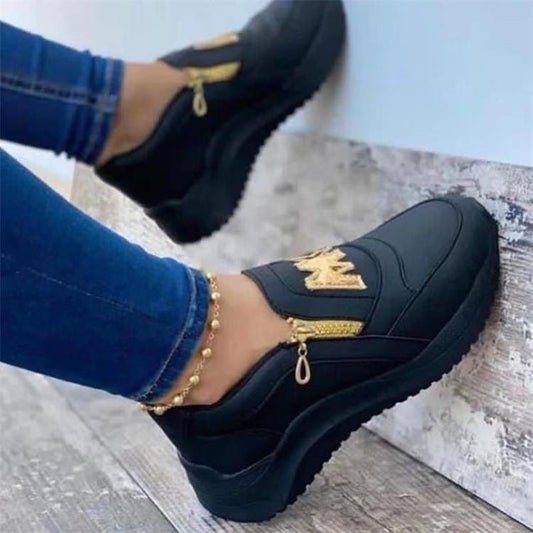 New Pu Black Side Zipper Ladies Footwear Casual Walking Flat Single Sneakers Sport Women Side Zipper Shoes