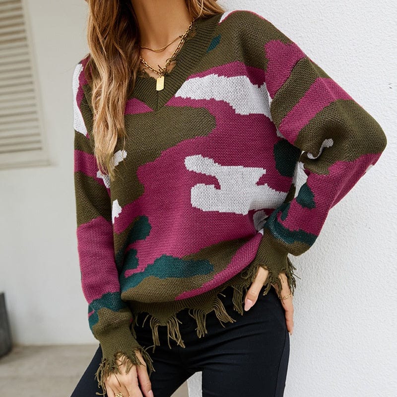 New Pullover Sweater Fashion Camouflage Color Matching Distressed Tassel For Women