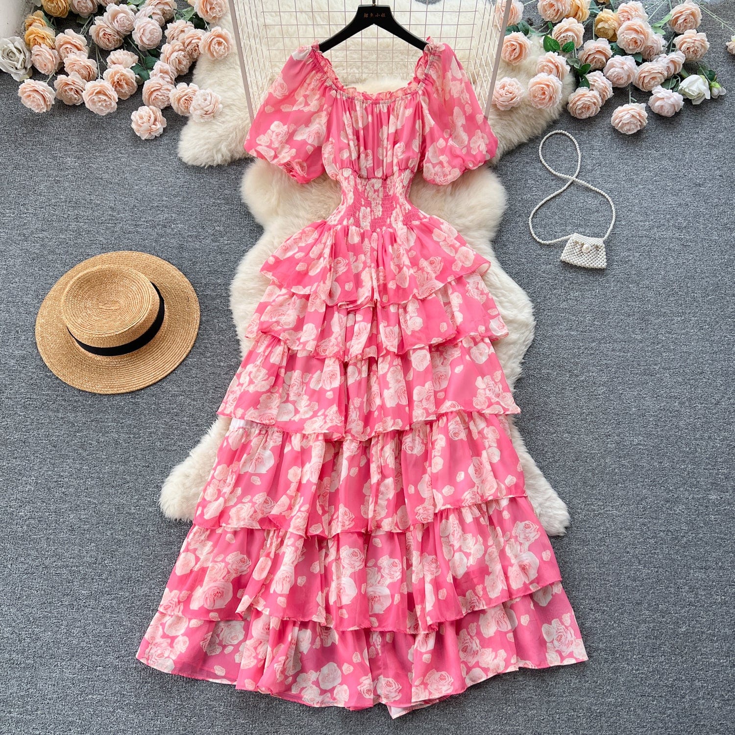 New Retro Romantic Sense Floral Dress Female Summer Bubble Sleeve Waist Design Niche Chic SeniorSsense Cake Dress