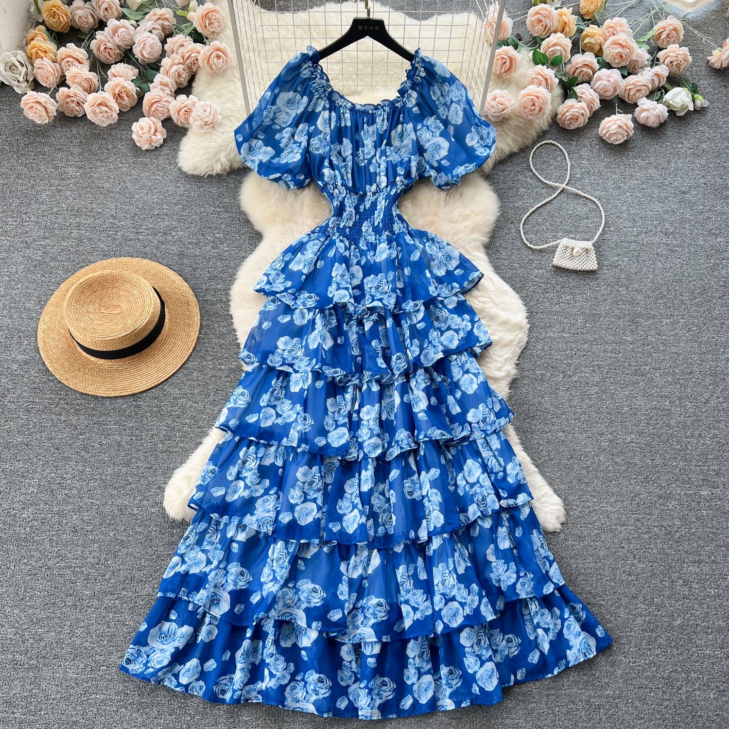 New Retro Romantic Sense Floral Dress Female Summer Bubble Sleeve Waist Design Niche Chic SeniorSsense Cake Dress