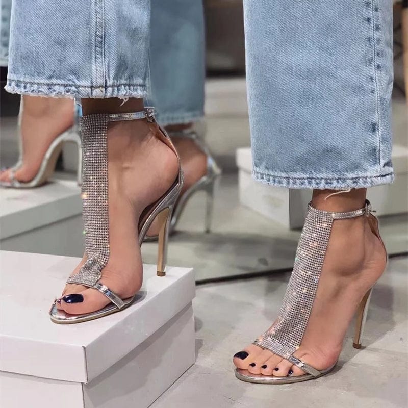 New Rhinestone One Line Buckle 8cm Stiletto Sandals Sexy Fashion Net Red High Heels Thin Heels