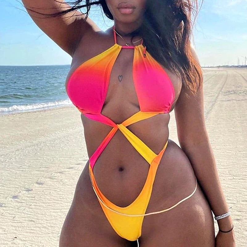 New Sexy Mature Women Hypercolor Gradient Backless One Piece Womens Padded Cut Out String Swimsuit