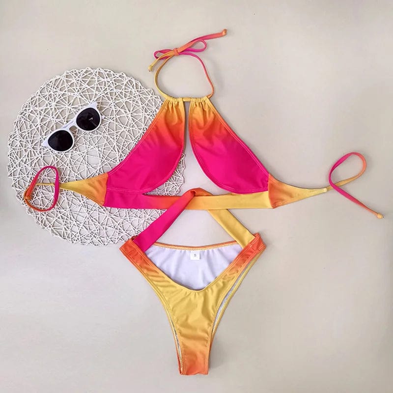 New Sexy Mature Women Hypercolor Gradient Backless One Piece Womens Padded Cut Out String Swimsuit